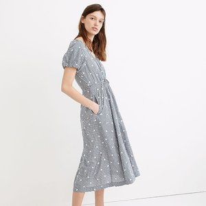 NWOT MADEWELL EMBROIDERED GINGHAM FAUX-WRAP TIE-WAIST MIDI DRESS